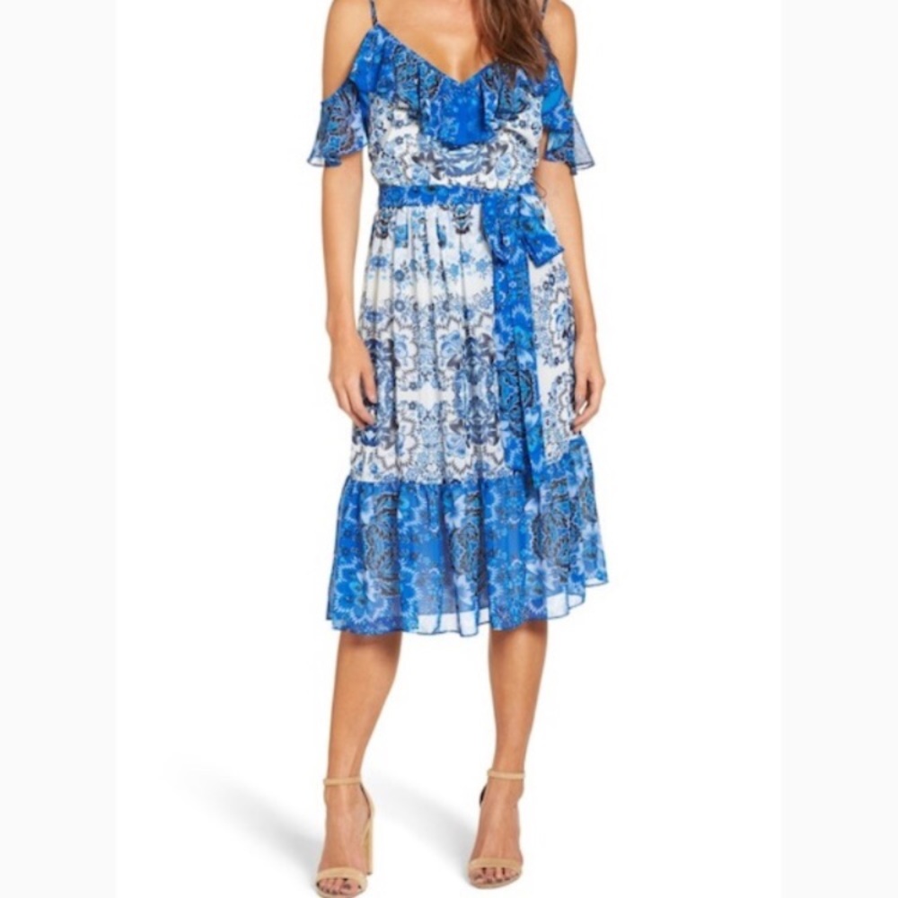 Eliza J -Cold Shoulder Dress blue and white size 14 NWT